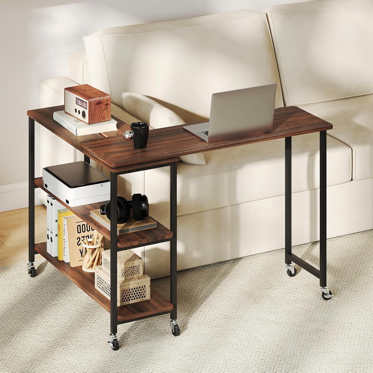 Desk Setup Laptop - 360° Rotating Side Table with 2-Tier