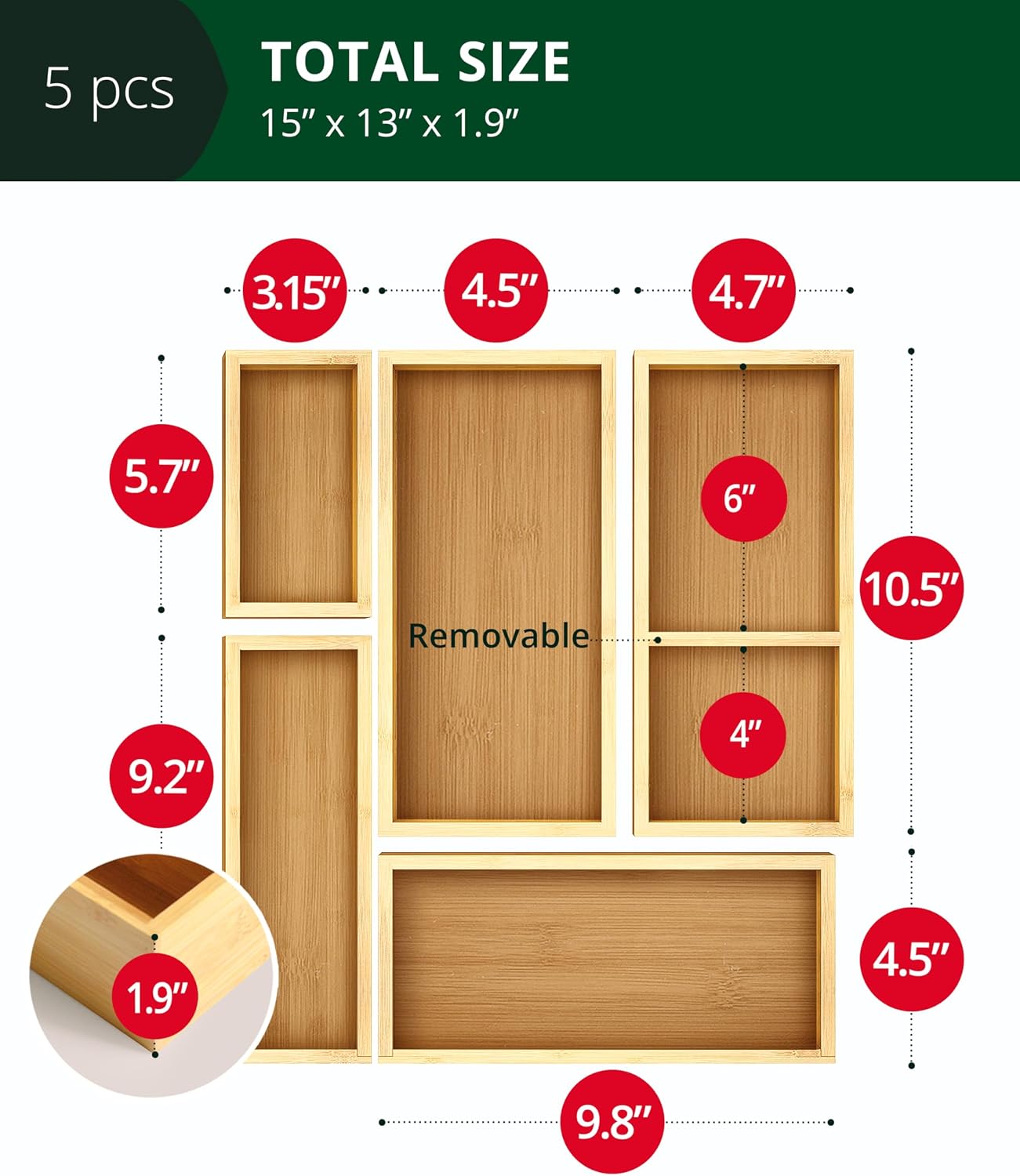 5-Piece Bamboo Drawer Organize - Drawer Organizer Bamboo 评论和价格